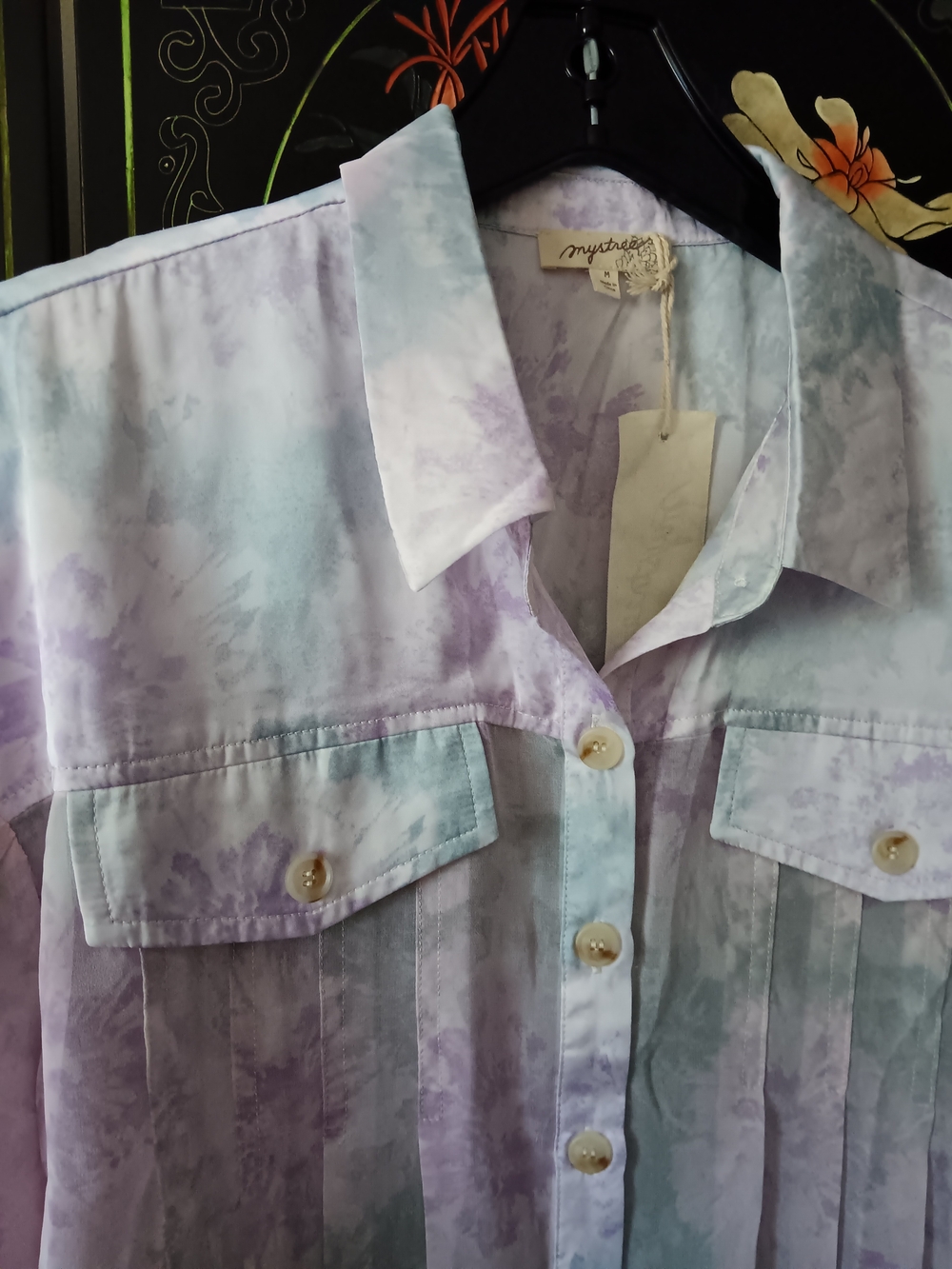 Mystree Lavender Watercolor Button-Front Blouse - Picture 2 of 7